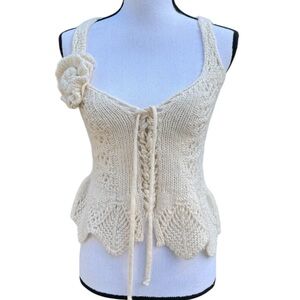 Promod Cream Crotchet Knit Sweater Lace Up Tank